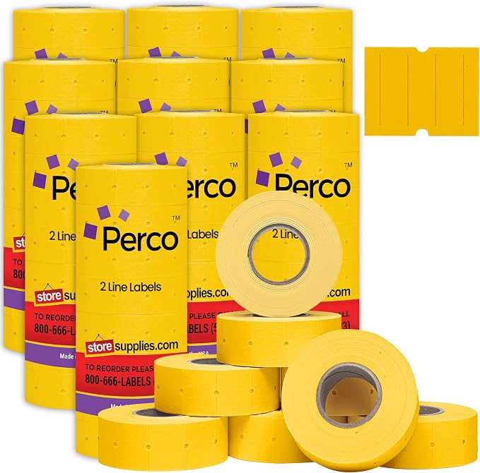 Perco 2 Line Yellow Labels - 60,000 Blank Price and Date Gun Labels for Perco 2 Line Price and Date Guns - 80 Rolls, 10 Sleeves - Made in USA