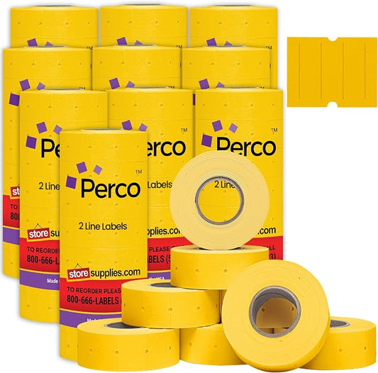 Perco 2 Line Yellow Labels - 60,000 Blank Price and Date Gun Labels for Perco 2 Line Price and Date Guns - 80 Rolls, 10 Sleeves - Made in USA