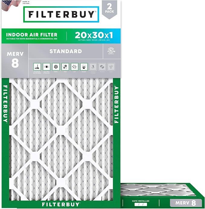Filterbuy 20x30x1 Air Filter MERV 8 Essential Dust & Allergy Defense (2-Pack), Electrostatic Pleated HVAC AC Furnace Filters Replacement, Made in USA (Actual Size: 19.63 x 29.63 x 0.75)