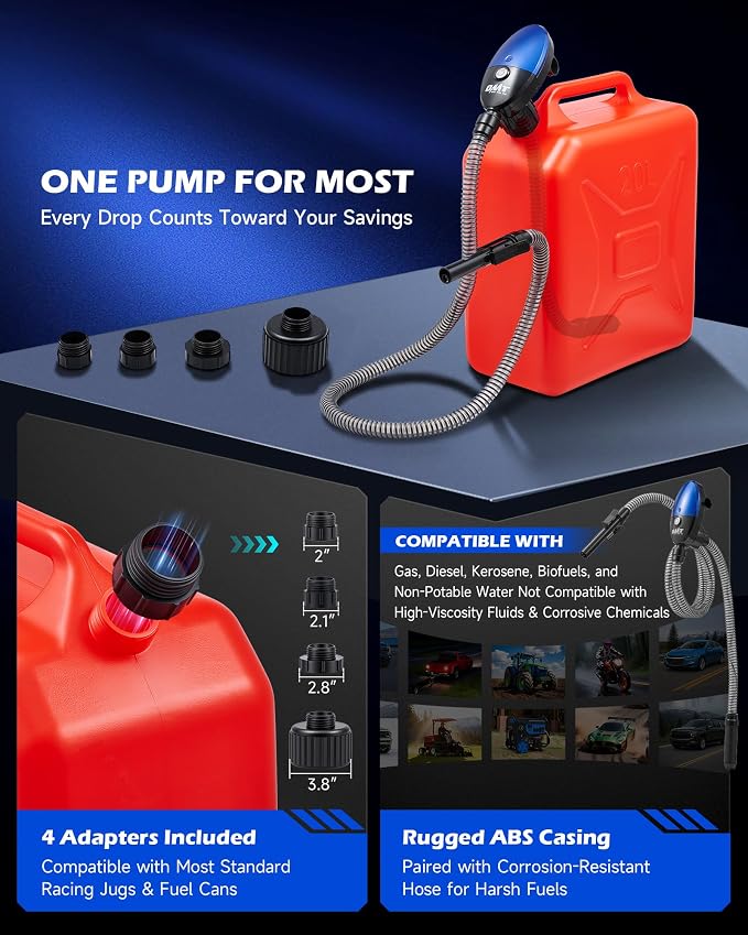 Orion Motor Tech Electric Fuel Transfer Pump with Auto-Shutoff, 3.2GPM Gas Can Pump, 51" Hose, USB-C & AA Battery (NO BATTERIES INCLUDED) Powered, 4 Adapters for Gasoline, Diesel, Kerosene, Blue