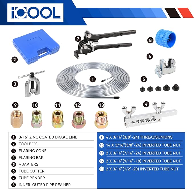 ICOOL 25 ft 3/16" Zinc Coated Brake Line Flaring Tool Kit with 20 Fittings and 4 Unions Brake Line Fittings, Brake Line Kit with Tube Bender and Reamer