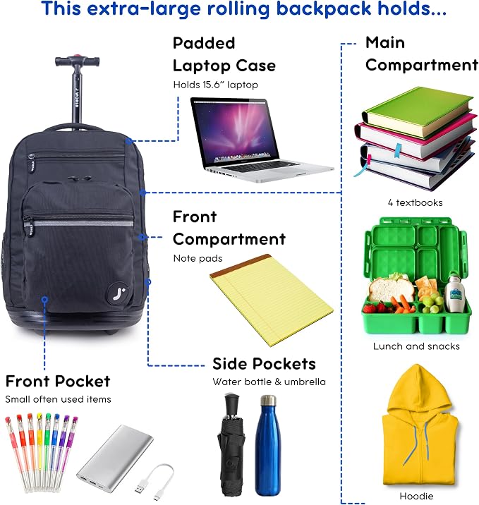 J World Sundance Laptop Rolling Backpack for Girls Boys. Roller Bookbag with Wheels, 20 Inch, Black