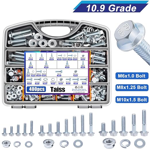 Taiss 400PCS Metric Flange Bolt Assortment kit,10.9 Grade M6x1.0/M8x1.25/M10x1.5 Bolt(12mm to 45mm) White zinc Plating Hex Metric Bolts and Nuts Washers,Nuts and Bolts Assortment kit (White)