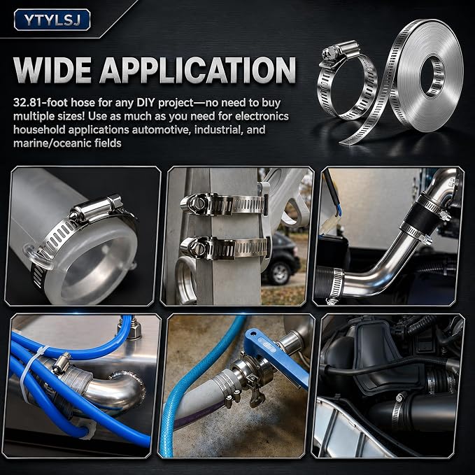 Hose Clamps Stainless Steel DIY Kit, 32.81FT Custom Metal Strap with 20 Stronger Fasteners, 8.5" Tin Snips, Worm Gear Clamp for Plumbing Auto Fuel Line