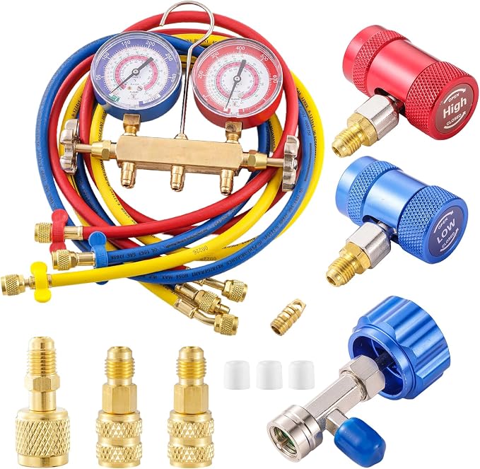 A2L Manifold Gauge Set, 3 Way AC Refrigerant Charging Hoses, R1234YF High and Low Quick Coupler with R1234YF Self-Sealing Can Tap, 5FT HVAC Manifold Gauge Hose Kit for R1234YF/R410A/R32/R454B/ system