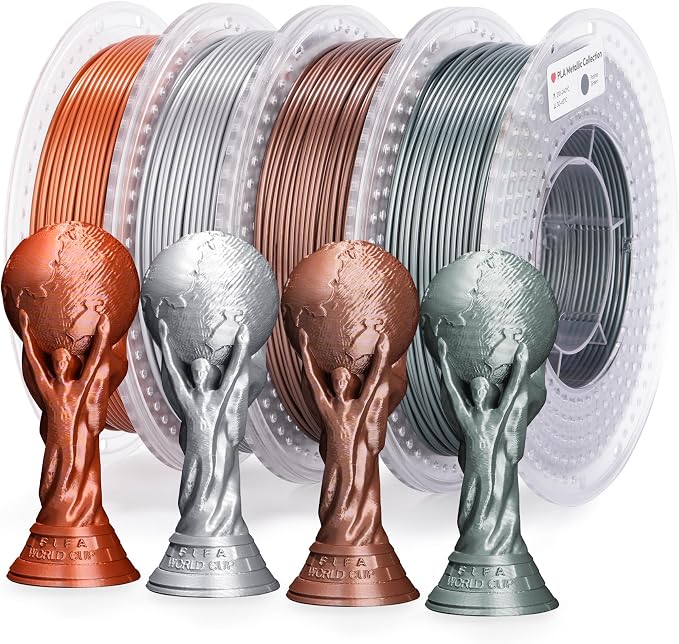 AMOLEN PLA 3D Printer Metal-Like Filament PLA Filament 1.75mm Filament Bundle,Green Bronze, Silver,Brass Bronze, Red Copper,3D Printing Filament Bundle, 200gX 4 Spools