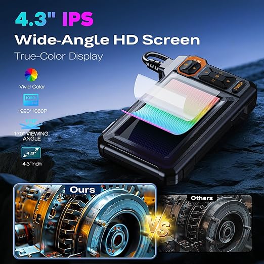 Endoscope Camera with Light, 1920P HD Borescope Inspection Camera with 4.3" IPS Screen, AukonVee IP67 Waterproof with 8 LEDs & 16.5ft Semi-Rigid Snake Camera for Automotive Pipe Tools Gadgets for Men