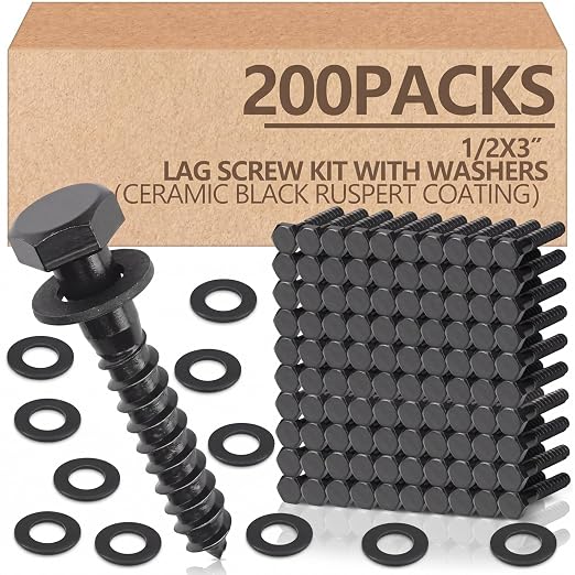 Tandefio 200 Pack 1/2''x 3'' Hex Head Lag Bolts for Wood Ceramic Black Lag Screw Kit with Washers Heavy Duty Hot Dip Galvanized Coating Double Layer for Decks Fences