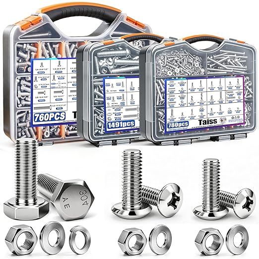 Taiss Nuts and Bolts Assortment Kit SAE & Metric Phillips Head Bolts Kit 780PCS +1491PCS,and 760PCS SAE Hex Bolts Set with Nuts & Washers,304 Stainless Steel/Carbon Steel Hardware Assortment Kit