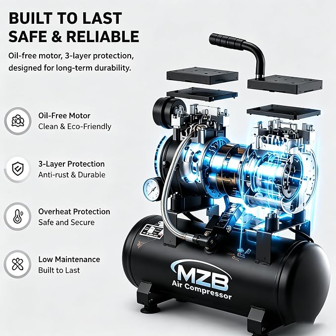 MZB 2.4 Gallon Ultra Quiet Air Compressor 1.0HP 110V/60Hz 5.65CFM, MAX 115PSI Steel Tanks Oil-Free 65dB Noise Level Air Compressor for Spray Painting, Auto Repair, Carpentry Decoration