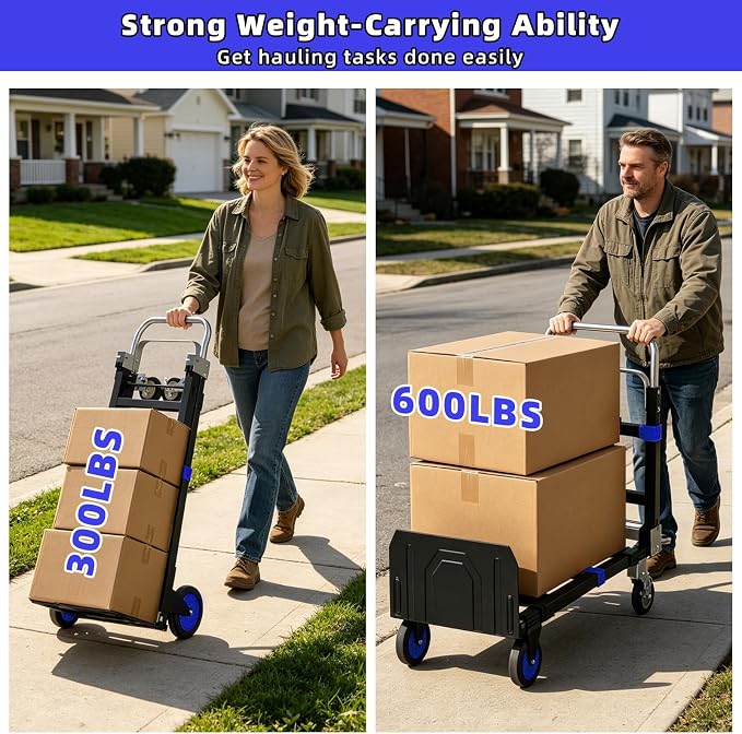 3 in 1 Hand Truck, 600Lbs Capacity, Heavy Duty Collapsible Cart with Retractable Handle, Dolly Cart with 2 Universal Wheel with Brake for Moving Home, Office, School, Shopping, Warehouse, Blue
