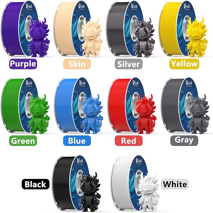 PETG 3D Printer Filament,1.75 mm 1KG (2.2lbs) ±0.02 mm High Precision, Dimensional Accuracy,High Toughness & Heat Resistance,FDM Compatible (10 Colors - Creative Set incl. Skin/Silver/Yellow, 10KG)