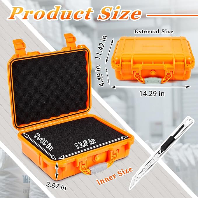 Relaxweex 1 Pcs Waterproof Hard Case with DIY Customizable Foam Insert Portable Protective Case with Knife for Camera Drones Equipments Tools Test Instruments(Orange,14.3 x 11.4 x 4.5 Inch)