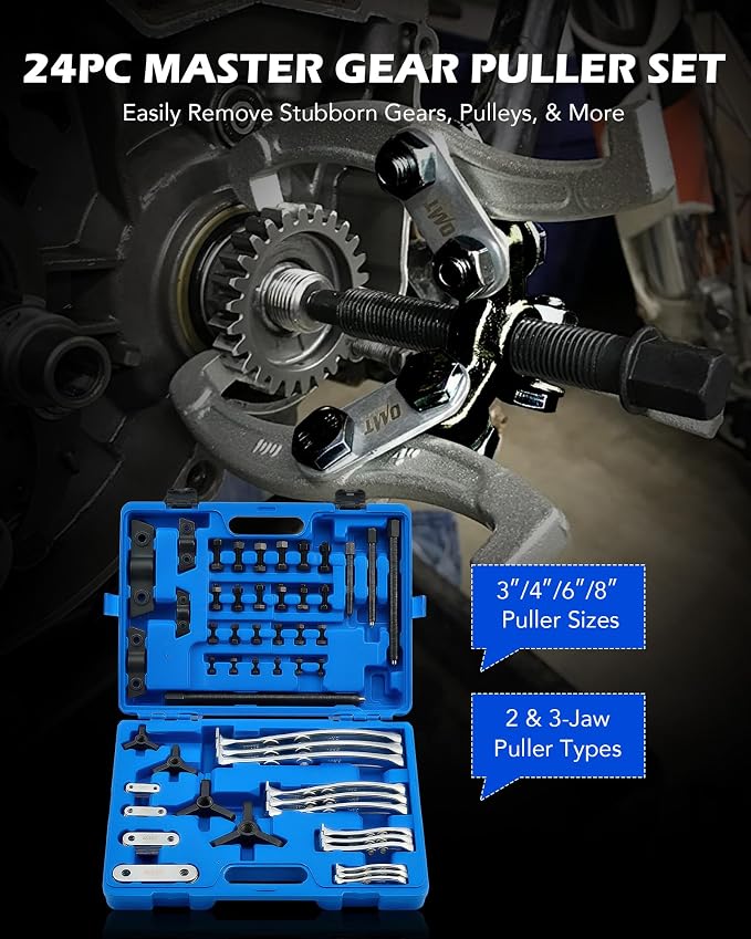 Orion Motor Tech Gear Puller Set, 3" 4" 6" 8" Bearing Puller Kit, 24pc 2 Jaw & 3 Jaw Gear Puller with Reversible Jaws, Heavy Duty Pulley Puller Tool for Pulley Gear Bearing Flywheel Removal