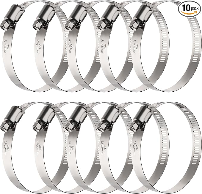 OURU 10PCS Hose Clamps Stainless Steel Adjustable 1-5/16"–2-1/4"(33-57mm) Worm Gear Hose Clamp, Heavy Duty Metal Small Hose Clamps for Automotive, Pipe, Radiator Plumbing, Fuel Line