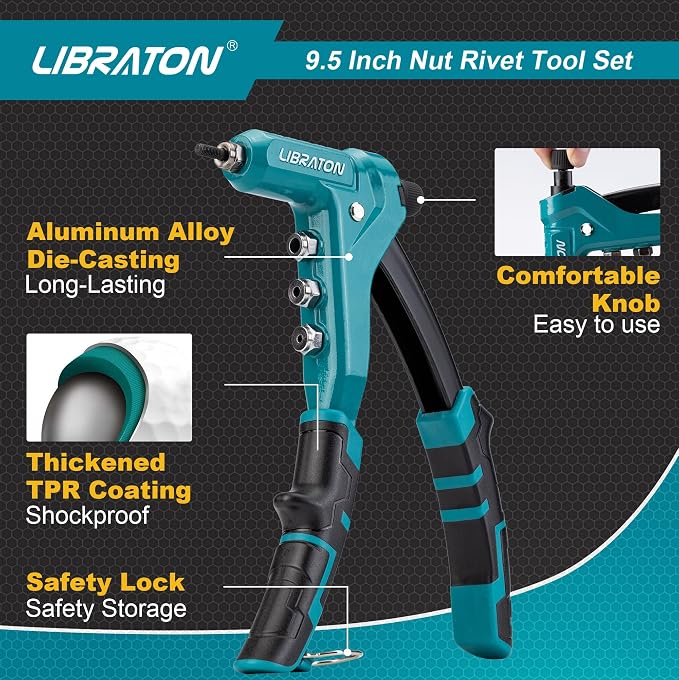 LIBRATON 9.5" Rivet Nut Tool, One-Handed Rivet Nut Gun, Hand Rivet Nut Tool Kit with 80PCS Threaded Rivet Nuts, 8PCS Interchangeable Mandrels, Metric M3-M6, SAE 6-32" to 1/4-20", with Carrying Case