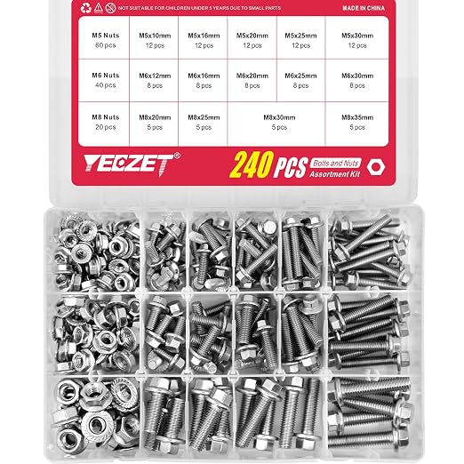 240PCS M5 M6 M8 Flanged Bolts and Nuts Kit,Stainless Steel 304 Metric Flanged Hex Screws Nuts Includes 14 Most Common Sizes