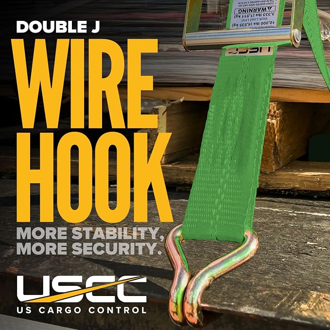 US Cargo Control Wire Hook Ratchet Strap 2 Inch x 30 Foot, 10,000 LBS Break Strength, Ratchet Straps Heavy Duty with Double J Hooks, Green Cargo Tie Downs for Flatbed Trailers and Trucks