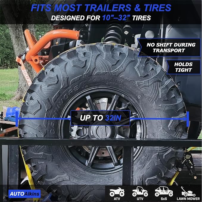 Wheel Chock Tie Down Kit, 4,400lb Break Strength — 4 Heavy Duty E-Track Tire Ratchet Straps & 8 Steel Wheel Chocks, Complete Trailer Tie Down System for ATV, UTV, Lawn Mower & SxS (Blue)