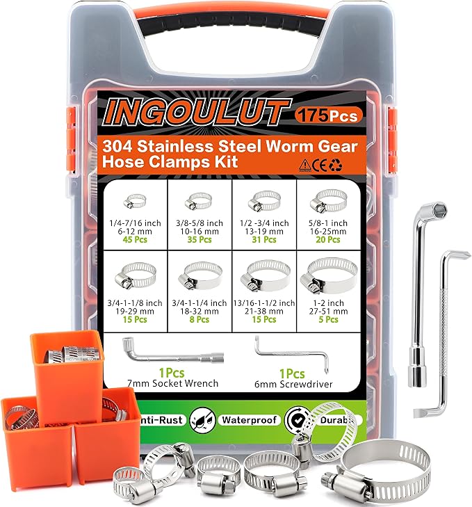 175Pcs Worm Gear Hose Clamps 304 Stainless Steel Assortment Kit 1/4"to 2"(6-51mm) Adjustable Hose Clamps, Small Heavy Duty Hose Clamps for Automotive/Garden/Water Pipe/Sprinkler Line/Fuel Line