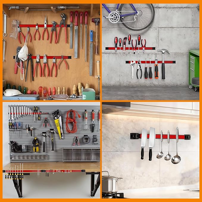 12" Magnetic Tool Holder Strip, 4 Pieces Red Metal Tool Organizer Rack with Stainless Steel Surface, Magnet Bar for Garage Workshop, Easy To Install with Mounting Screws