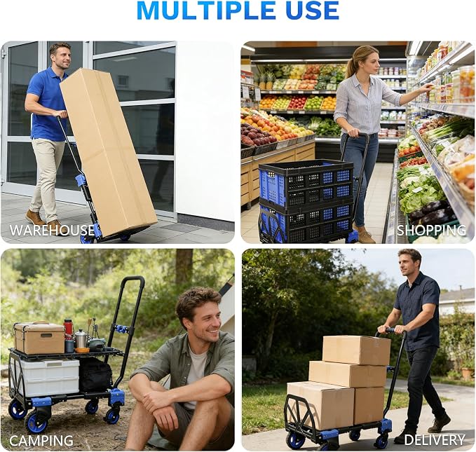 2 in 1 Folding Hand Truck with 2 Folding Basket,330lbs Capacity Heavy Duty Hand Truck,with Telescoping Handle and Rubber Wheels,Portable Dolly Cart with Bungee Cords for Moving,Travel,Shopping