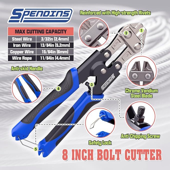 3-Piece Bolt Cutter Set, 14" Heavy Duty Bolt Cutters, 8" Mini Bolt Cutters and 8" Wire Rope Cutter with Carrying Case, Ergonomic Handles, Cr-V Blades for Cutting Locks, Chains, Iron Wire