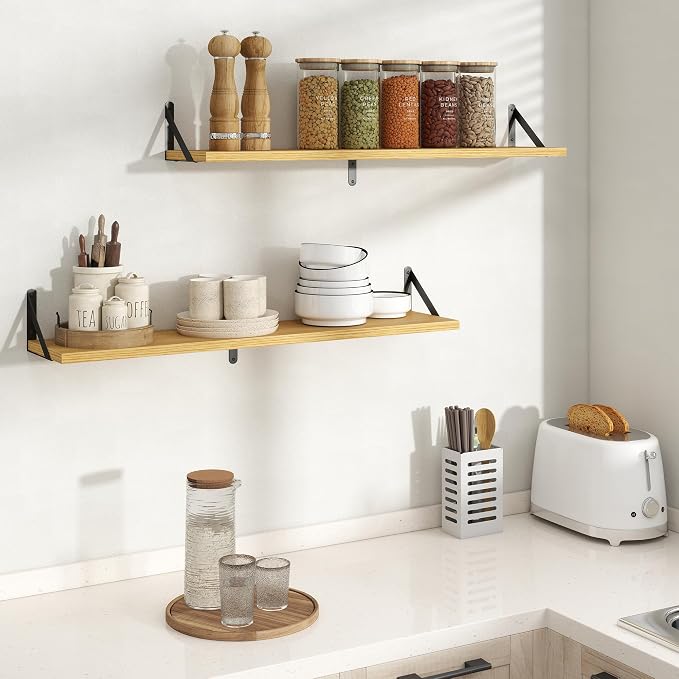 Floating Shelves 8 Inch Deep, 48W x 8D Wall Shelf Set of 2, 70 lbs Heavy Duty Reversible Metal Brackets, Industrial Book Shelf for Living Room Kitchen Bathroom Bedroom Gallery Wall, Oak