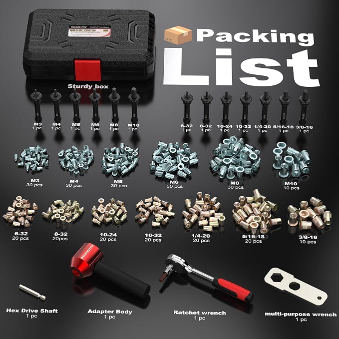 Rivet Nut Drill Adaptor Tool Kit Contains 290 Rivet Nuts and 13 mandrels