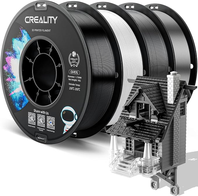 CREALITY PETG Filament 1.75mm 3D Printer Filament Bundle, 4kg (8.8lb) Neatly Wound Spool, Dimensional Accuracy ±0.03mm, 2026 Latest Batch, Fit for Most FDM 3D Printers, Black+White+Grey+Clear