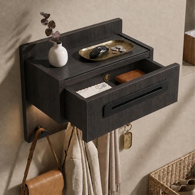 Floating Shelf with Drawer & Hooks, Entryway Organizer with Sensor Light | Italian Wood Veneer, Hidden Drawer, 4 Matte Black Hooks & Warm Sensor Light for Mail, Keys, Wallets, Coats & Daily Essentials