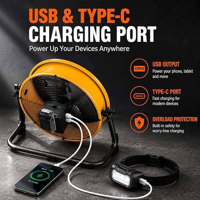 T-SUN 12-Inch Portable Fan Compatible with DeWalt 20V MAX Battery, Battery Powered Fan with AC Adapter & USB-C Output, High Velocity Cordless Floor Fan for Jobsite, Garage, Camping