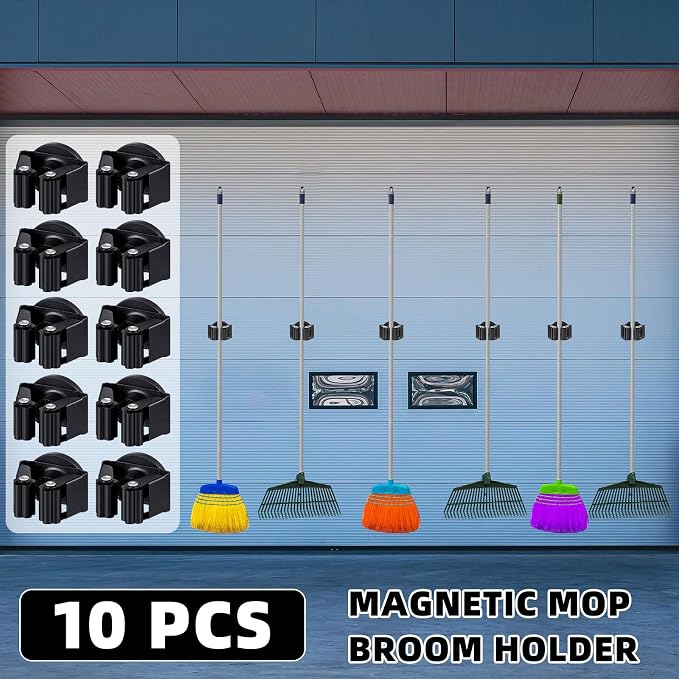 Vercraft 10 Pcs Magnetic Mop Broom Holder Movable Magnetic Broom Holder Rack, Anti Slip Wall Mounted Utility for Cleaning Tools, Garage, Kitchen, Laundry, Garden (Black)