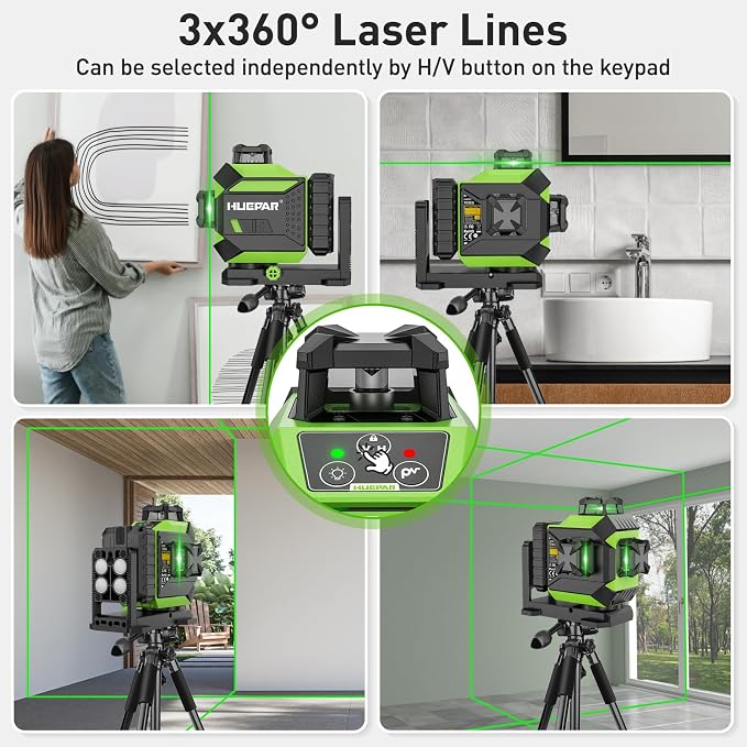 Huepar 3 x 360 Laser Level Self-leveling 3D Green Beam Cross Line 12 Lines Tiling Floor Laser Tool -360 Horizontal/Vertical Laser Lines -rechargeable & Integrated Magnetic Bracket 703CG