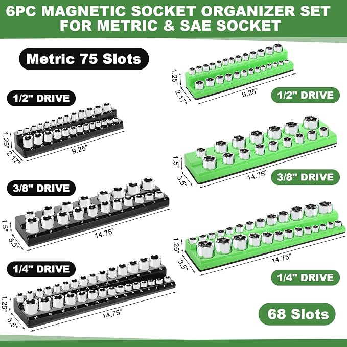 Blulu 8 Pcs Magnetic Socket Organizer & Magnetic Wrench Organizer Set 1/4", 3/8", 1/2" Socket Holder, 24-slot Drawer Storage Rack Tool Tray SAE (1/4" to 1-1/16"), Metric (6mm to 24mm) Black Green