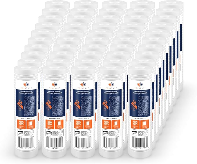 Aquaboon Whole House 1 Micron 10 x 2.5 PP Grooved Sediment Water Filter Cartridge Replacement Compatible with AP110, WHKF-GD05, CFS110, P5, 50-Pack