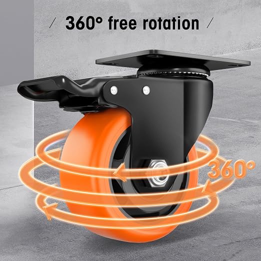 Casters, 3" Caster Wheels, Orange Polyurethane Castors, Top Plate Swivel Wheels, Casters Set of 4, Locking Casters for Furniture and Workbench, Heavy Duty Casters, 4 Pack Casters with Brake