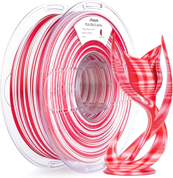 AMOLEN Silk PLA 3D Printer Filament, Shiny Multicolor Christmas Rainbow PLA Filament 1.75mm, Fast Color Change PLA 3D Printing Filament for Most FDM 3D Printer, Red White, 1kg (2.2lbs)