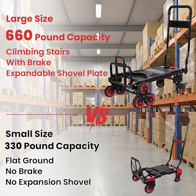 Upgraded 3 in 1 Convertible Folding Hand Truck with Brakes, Hand Truck Dolly Heavy Duty 660lbs Capacity, Stair Climbing Cart with Adjustable Shovel Board and Fixed Handle for Moving