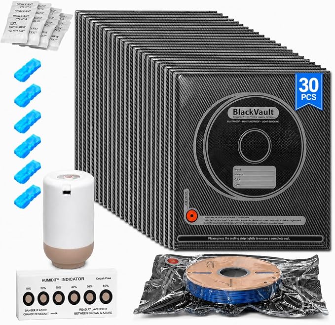 3D Printer Filament Storage Kit, 30 Vacuum Bags with Pump & Humidity Cards | Cordless Rechargeable Pump,Vacuum Storage,Moisture Protection,Reusable Bags,Fits 1kg Filament