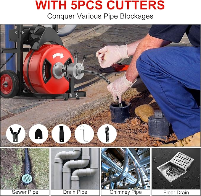 50FT 1/2 Inch Auto Feed Drain Cleaning Machine, Portable Electric Drain Auger with 6 Cutter & Air-Activated Foot Switch, Sewer Snake Drain Cleaner for 1" to 4" Pipes, Red