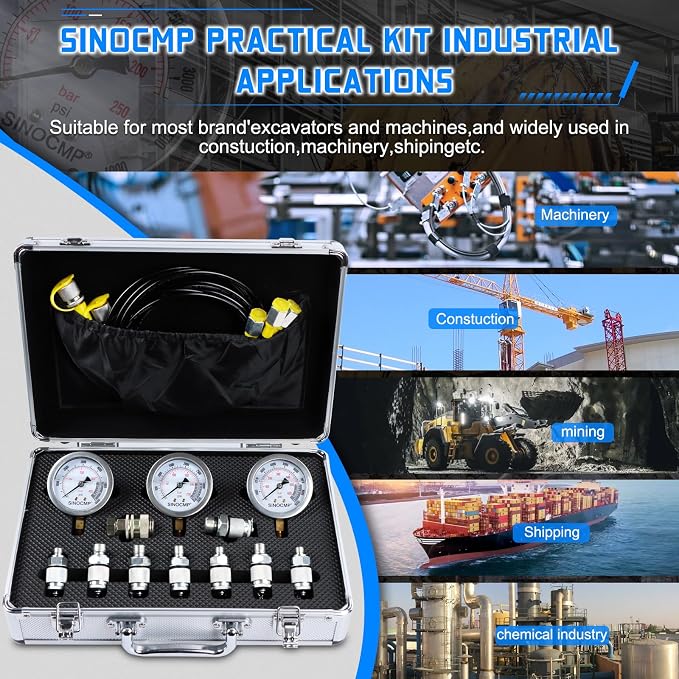 Hydraulic Pressure Gauges Test Kit 4000/6000/10000PSI, 9 Couplings 3 Test Hoses 59 inch, 1 Aluminum Box Diagnosis Tester Set for Excavator Construction Machinery