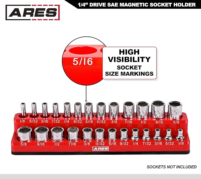 ARES 70232-26-Piece 1/4-Inch SAE Magnetic Socket Organizer - 13 Standard Size and 13 Deep Size Socket Holder - Keeps Your Tool Box Organized