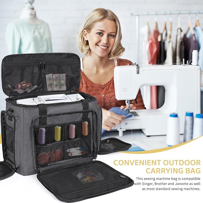 Sewing Machine Case with Wheels, Universal Rolling Trolley Tote with Shoulder Strap & Multiple Storage Pockets Compatible with Most Standard Singer, Brother, Janome, Grey
