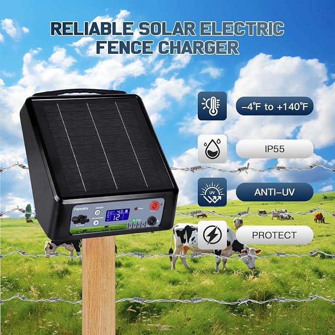 6-12KV Adjustable Output Solar Charger,20 Miles Solar Powered Electric Fence 2 Joules Pulse Energy,24H Protection Solar Powered Electric Fence Kit Suitable for Pets,Poultry,Ranches and Gardens