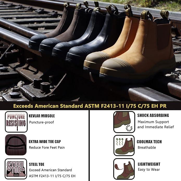 Work Boots for Men, Steel/Soft Toe Waterproof Working Boots, Slip Resistant Slip-on Safety Static Dissipative Working Shoes (Dark Brown)
