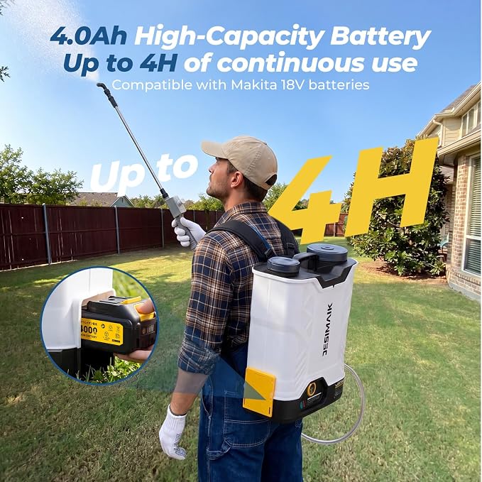 JESIMAIK Battery Powered Backpack Sprayer 4.8 Gallon, 4.0Ah Battery Electric Backpack Sprayer with Telescopic Wand & 5 Nozzles, 120 PSI Handle-Mounted Adjustable Pressure for Weed Lawn Garden