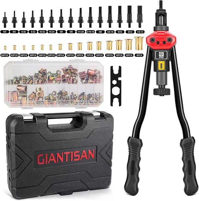 Rivet Nut Tool, GIANTISAN 16-inch Rivnut Tool Kit with 15 SAE & Metric Mandrels, 406pcs Rivnut Assortment Kit and Carrying Case, Designed for Labour Saving, Ideal for Automotive, Home and DIY Projects