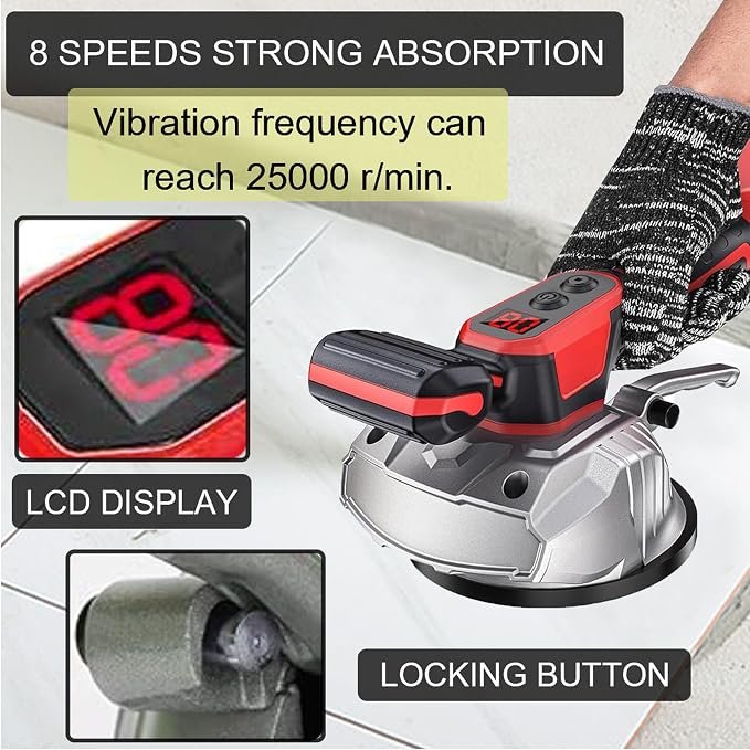 Tile Vibration Tool for Mil-wauke 18V Battery, Handheld Tile Tools Max 25000r/Min, 150W Tile Suction Cup Tool with 8 Speed, Suction Cup, Digital Display for Floor Tile Wall
