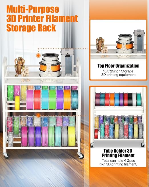 3D Printer Filament Storage Rack- Rolling Filament Spool Holders Racks with Wheels, Heavy Duty Metal Shelf for PLA/ABS/TPU/Nylon, Filaments Organzied for 3D Printing Studio, Office Workshop (White)